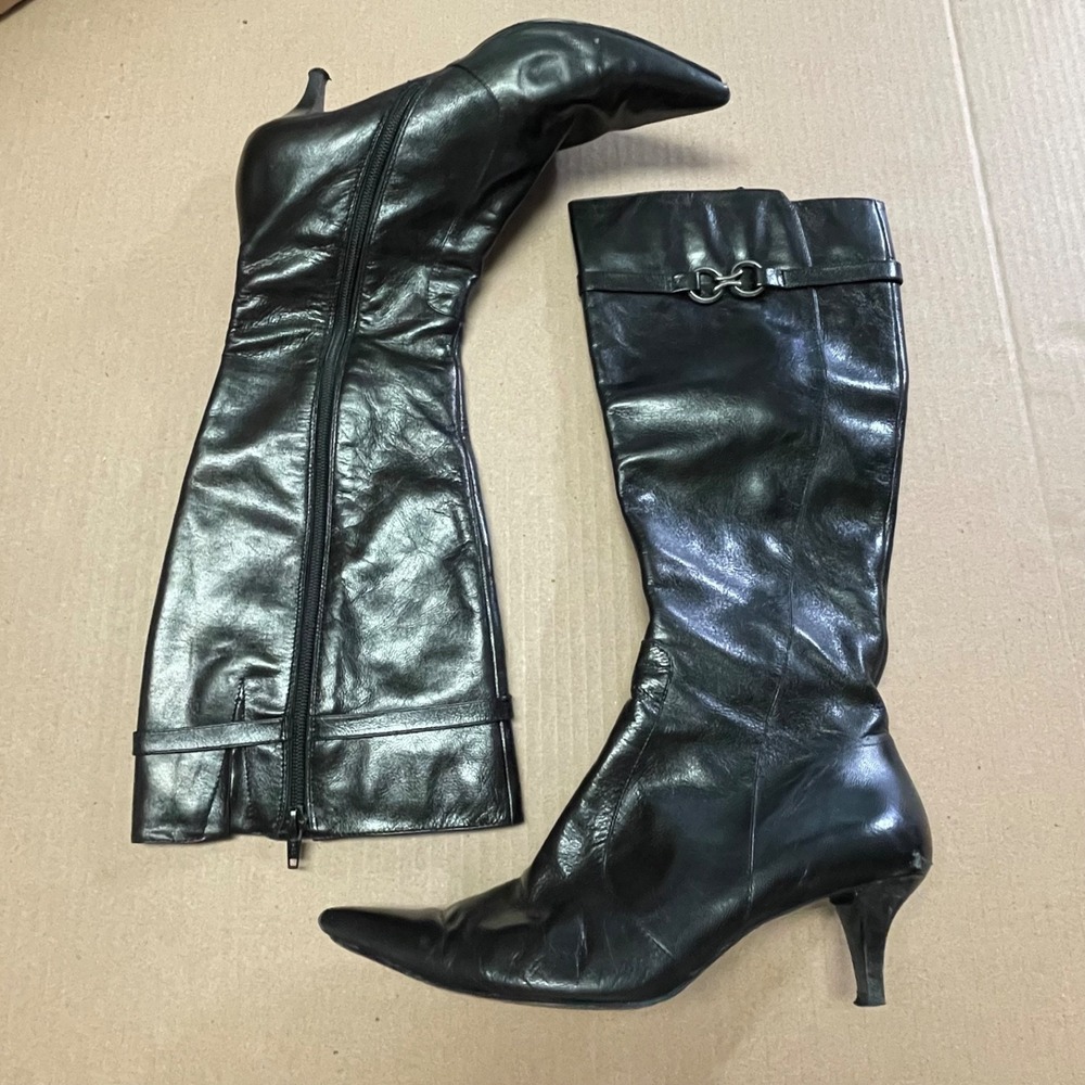 Vintage Bandolino Women's 8M Ulyssa Black Leather Kitten Heel Riding Boot